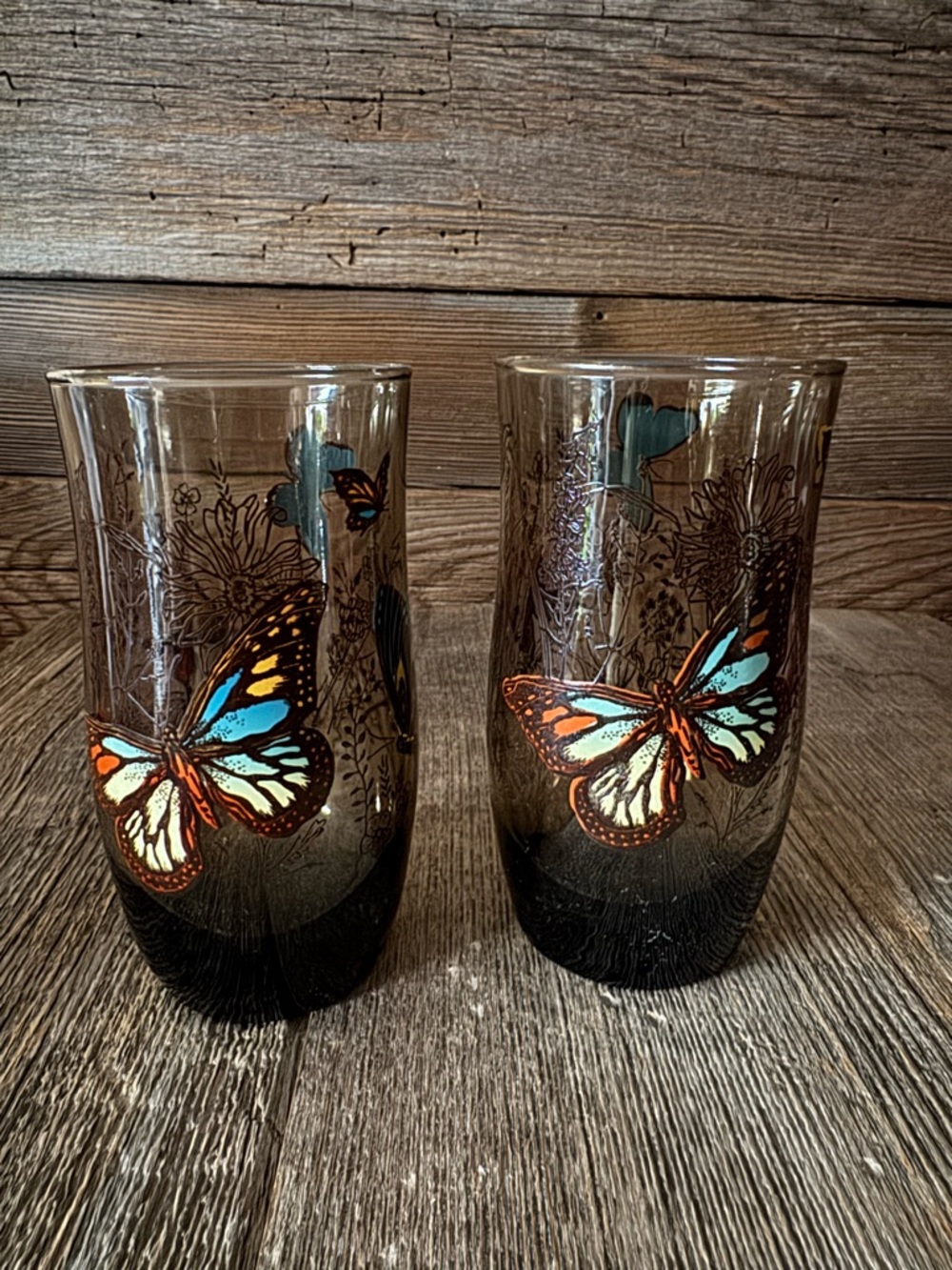 Vintage Libbey glasses featuring a "Butterfly Meadow Garden" set of 2.